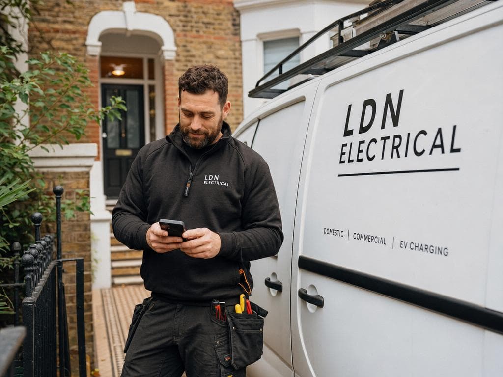 Tradesperson checking the day's jobs beside a work van
